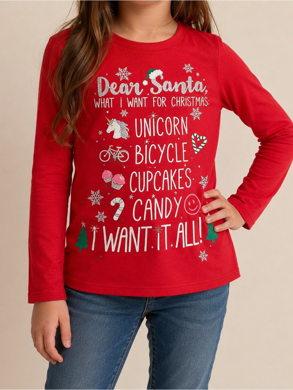 1989 Place Girls 7/8 Christmas Unicorn Long Sleeve Graphic Tee Red